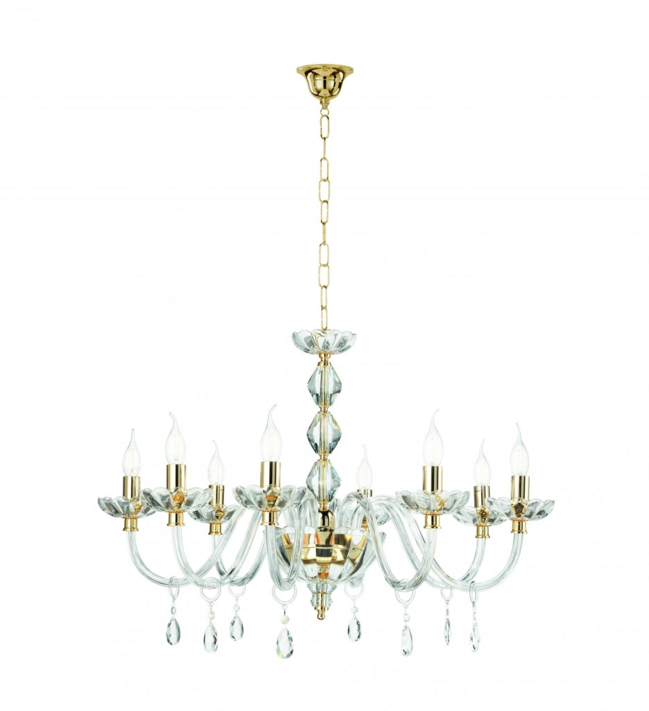 LAMPADARIO BRIGIDA 8 LUCI CRISTALLO E ORO ATTACCO E14 D.85CM