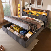 Letto matrimoniale 160x200 cm con contenitore idraulico; LED e prese USB/Type-C; lino grigio