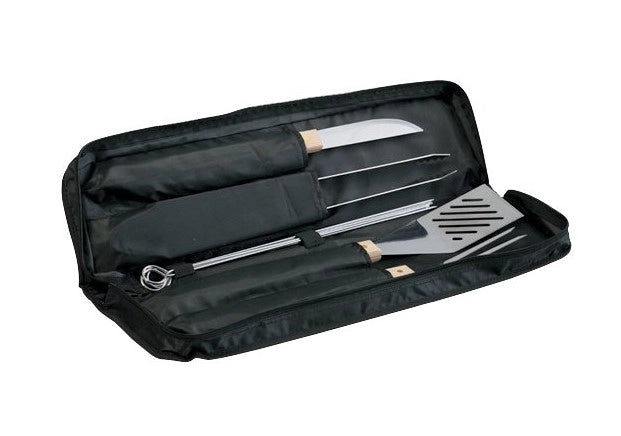 Campingaz borsa utensili in tessuto set composto da 1 coltello in acciaio inox, forchettone, pinza, 6 spiedini, 1 spatola manici in legno