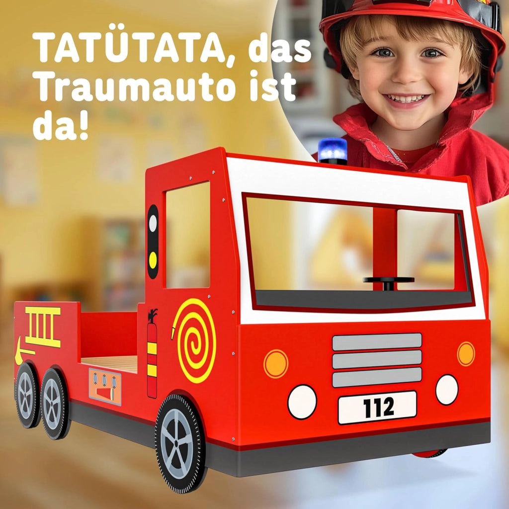 Deuba Letto per Bambini Pompieri 205x94,5x103cm Protezione Anticaduta Rete a doghe 100kg Lettino Bimbi Vigili del Fuoco
