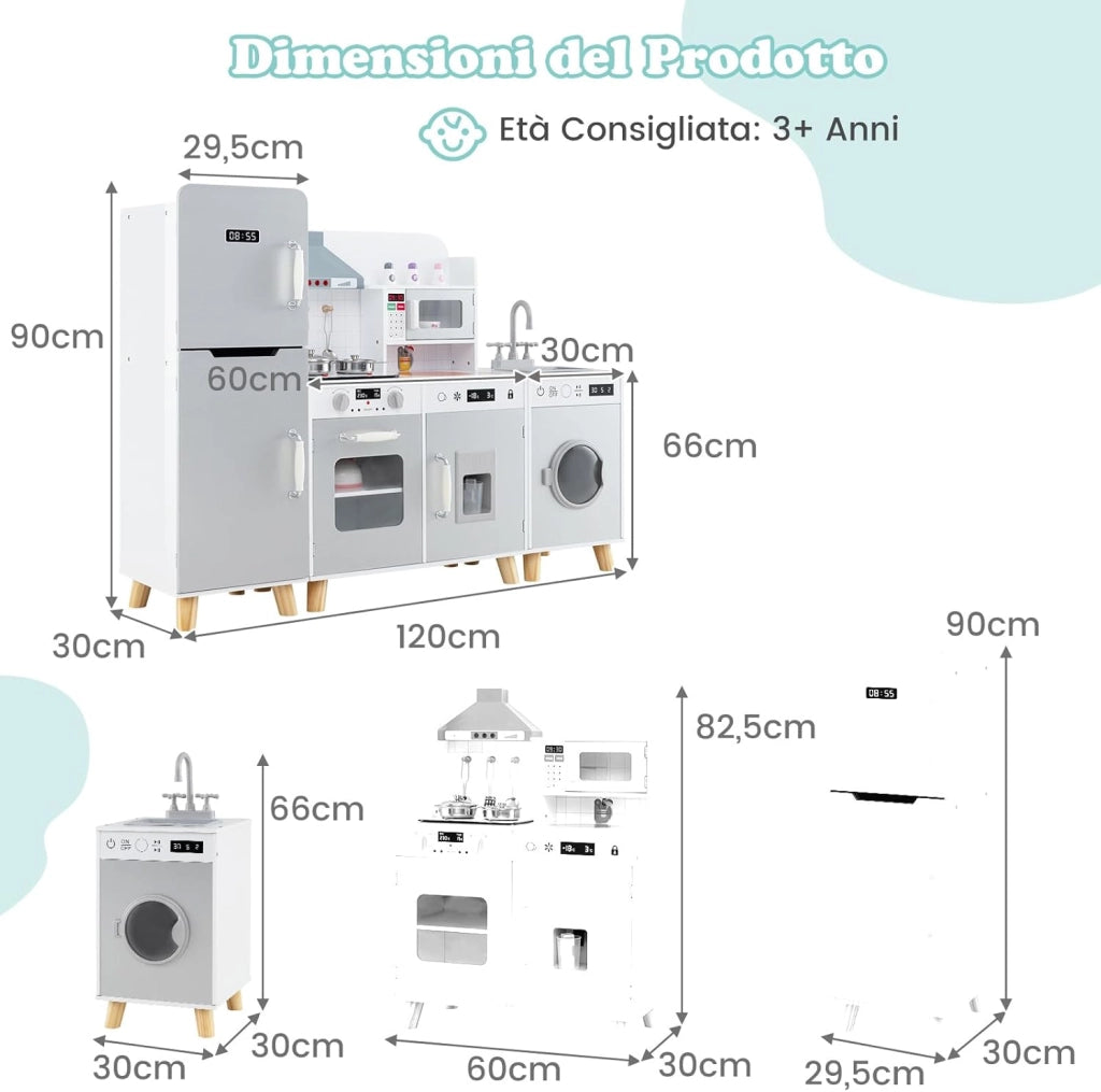 Cucina Giocattolo per Bambini, Cucina per Bambini con Frigorifero, Macchina del Ghiaccio, Lavatrice, Forno, Microonde, Lavello e Rubinetto, Con Luci e Suoni, per Bambini 3+ Anni (Grigio)