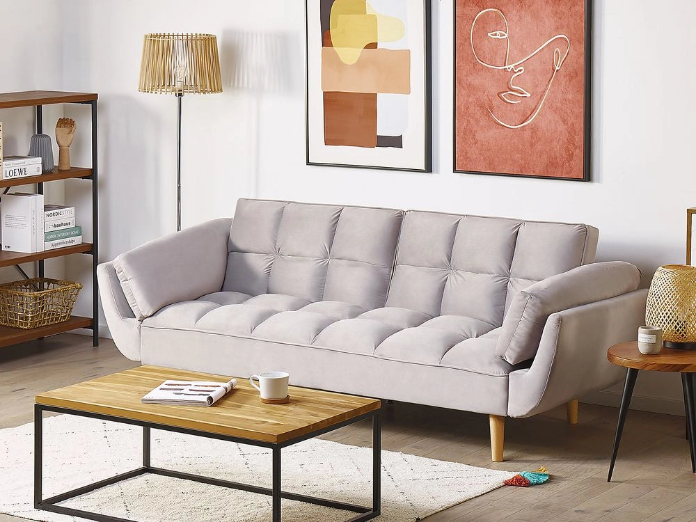 Divano Letto Tessuto Velluto Grigio Chiaro Gambe In Legno A 3 Posti Imbottitura In Schiuma Imbottitura Biscuit Schienale Diviso