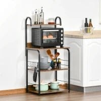 Mobiletto per Microonde a 4 Ripiani e 4 Ganci, Mobile Cucina in Acciaio e Legno 60x40x125cm, Marrone Rustico