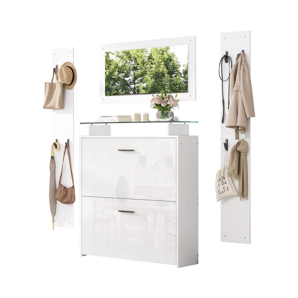 Set Guardaroba Ingresso 4 Pezzi Bianco 89;5×23×96;5 cm con Specchio; Scarpiera Lucida e 8 Ganci