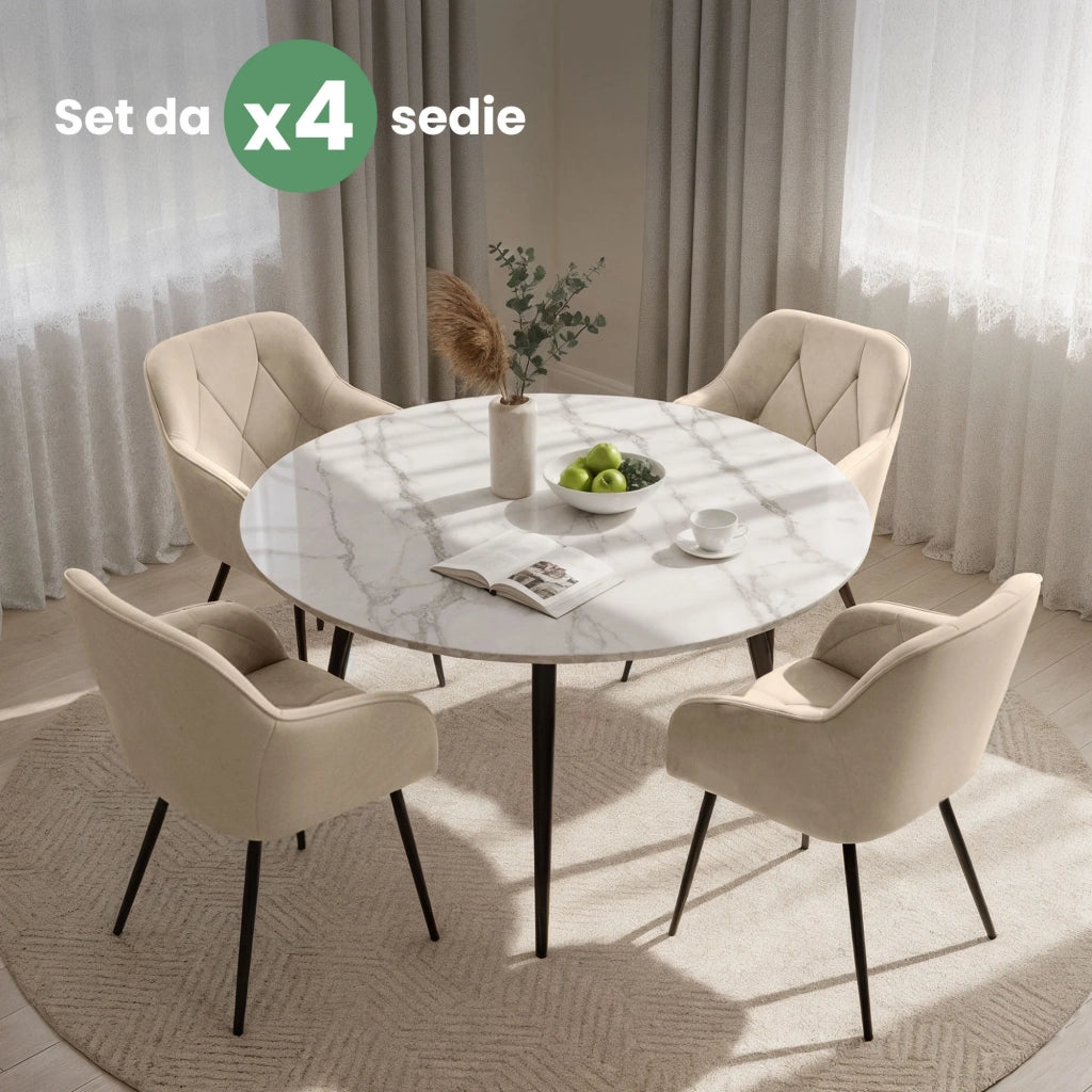Set di 4 Sedie in velluto trapuntato DIAMANTE Beige gambe nere