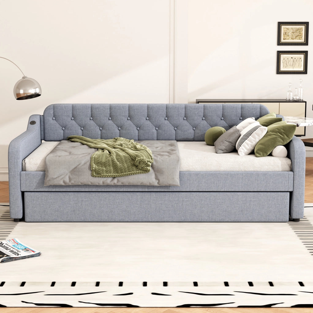 Divano letto estraibile 90x200 cm con USB, grigio