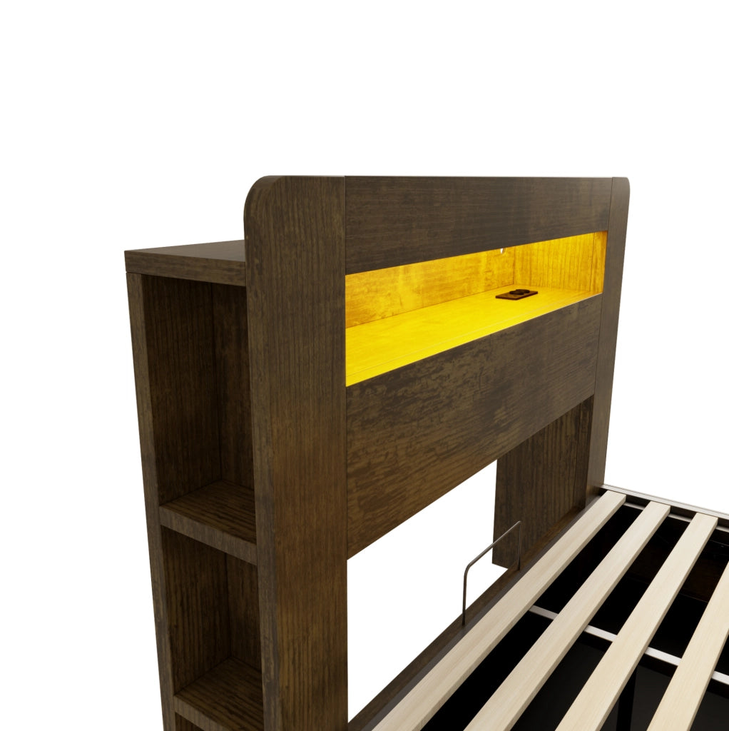 Letto 140x200 cm con contenitore idraulico, LED e prese in legno