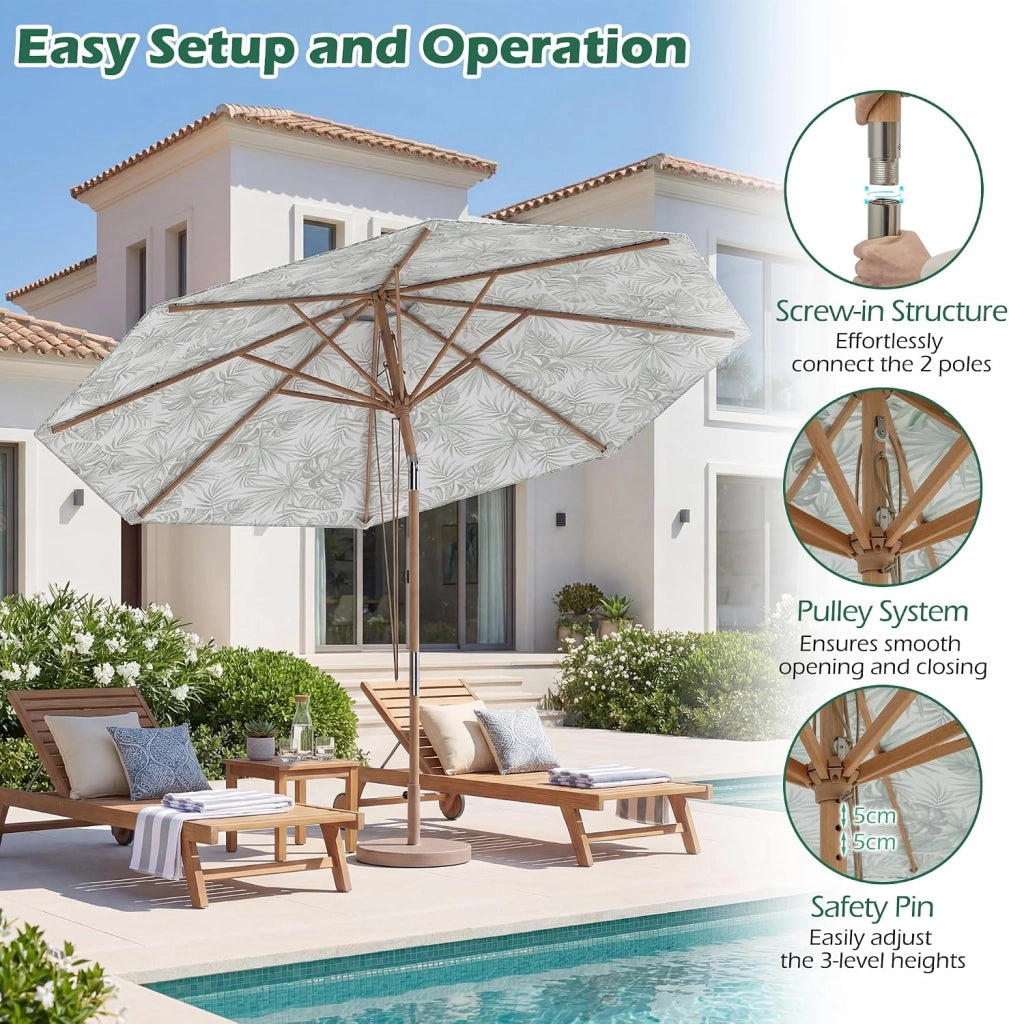 270 cm Ombrellone Terrazza Esterna Ombrellone Rotondo con Bastone in Legno Massello, Ombrellone da Giardino Inclinabile a 30° con 8 Aste, Parte Superiore Ventilata, per Balcone, Spiaggia
