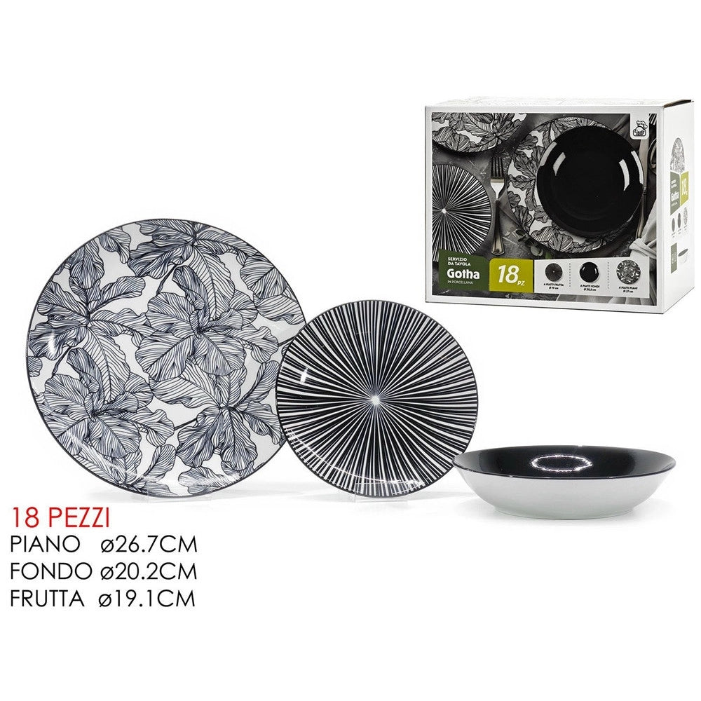 Trade Shop - Set Servizio Di Piatti Da Tavola In Porcellana Da 18pz Decori Bianco Nero Moderno Elegante -
