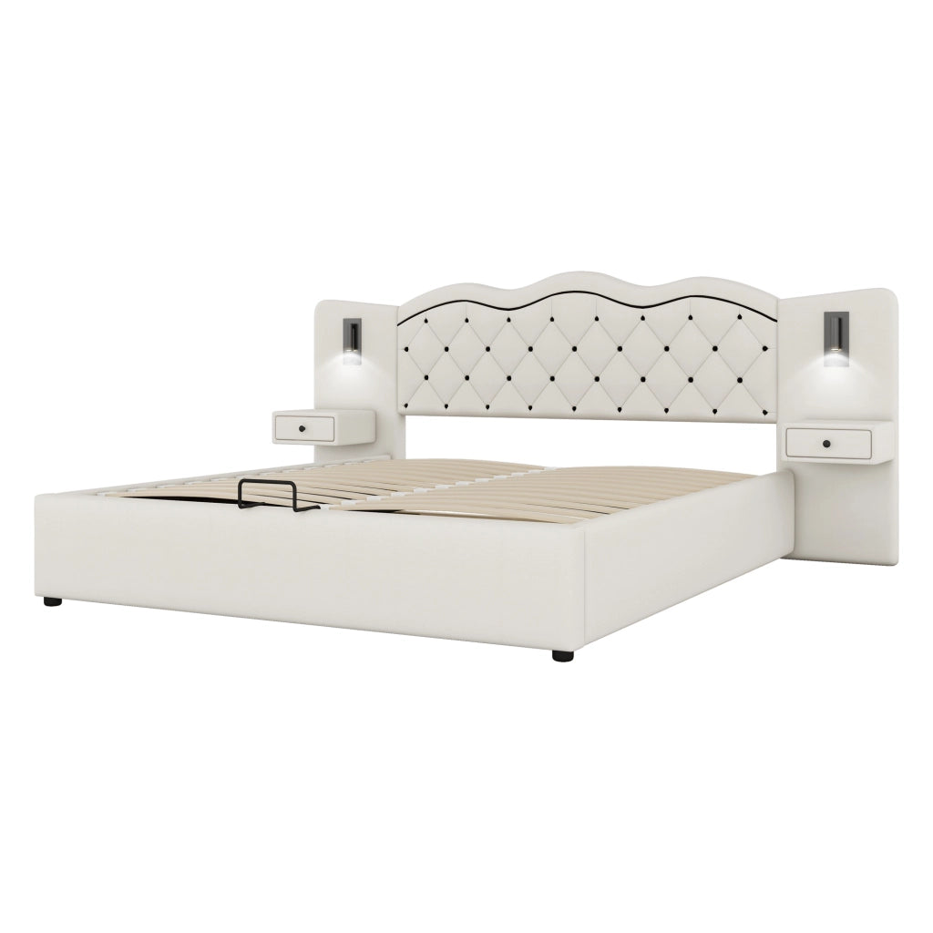 Letto matrimoniale 180x200 cm imbottito beige con testiera integrata; contenitore e luci