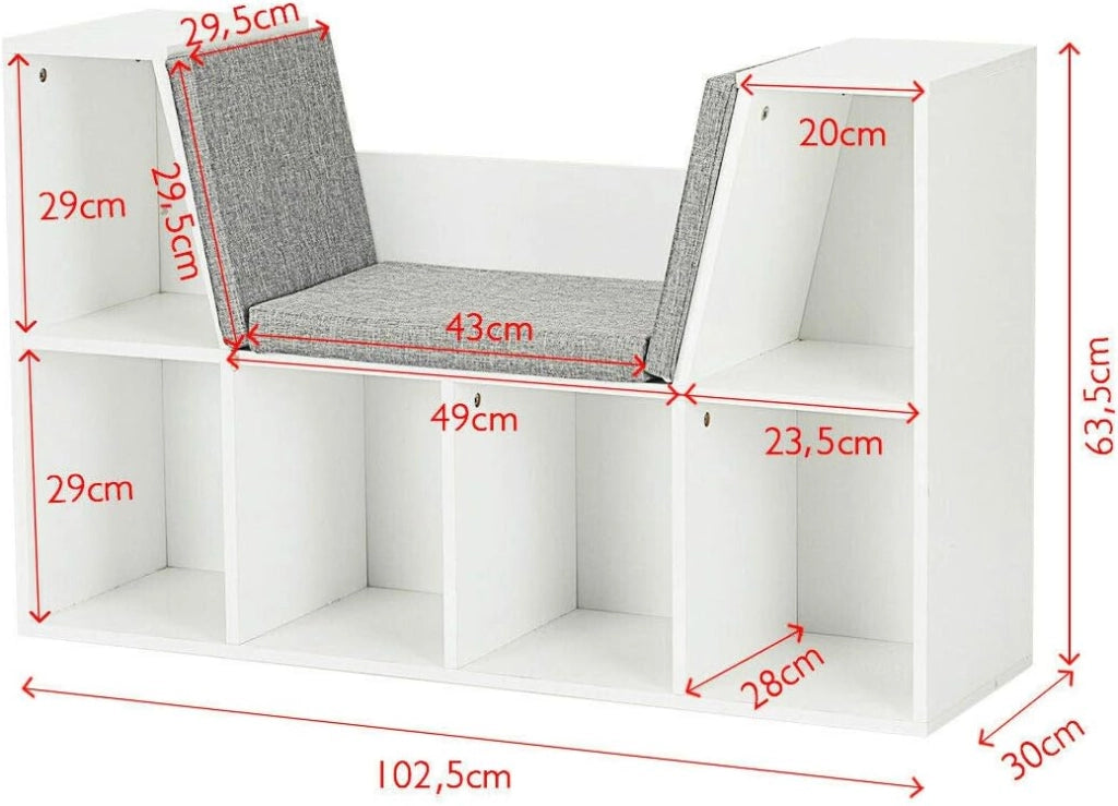 Scaffale per Libri, Libreria Panca in Legno con Cuscini per Bambini (BIanco)