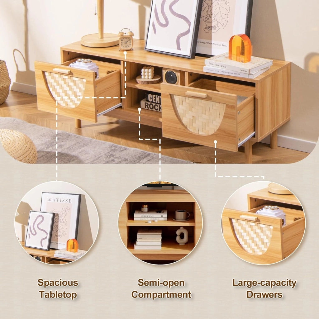 Mobile TV in legno per TV fino a 55", gambe in legno massello, panca TV con 2 cassetti e ripiano aperto a 2 livelli, stile Boemia, 120 x 35 x 45,5 cm, naturale