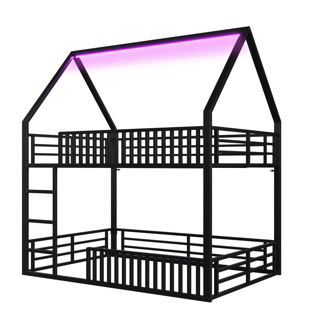 LETTO A CASTELLO 140x200 cm Nero in metallo con LED e 2 pacchi