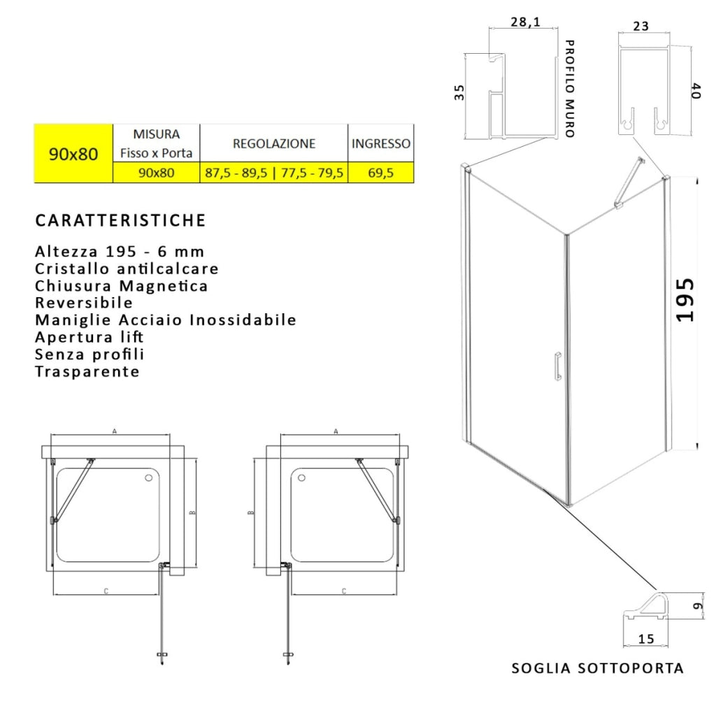 Box doccia angolare con porta battente e lato fisso h195cm 6mm salema, misura 90x80