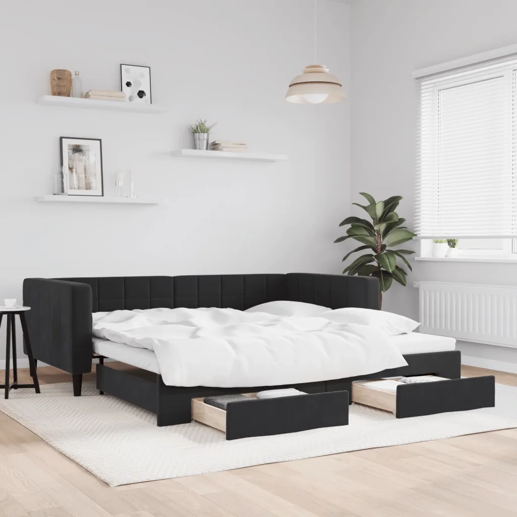 Divano Letto Estraibile con Cassetti-Sofa Letto-Daybed Nero 90x190 cm in Velluto 717447