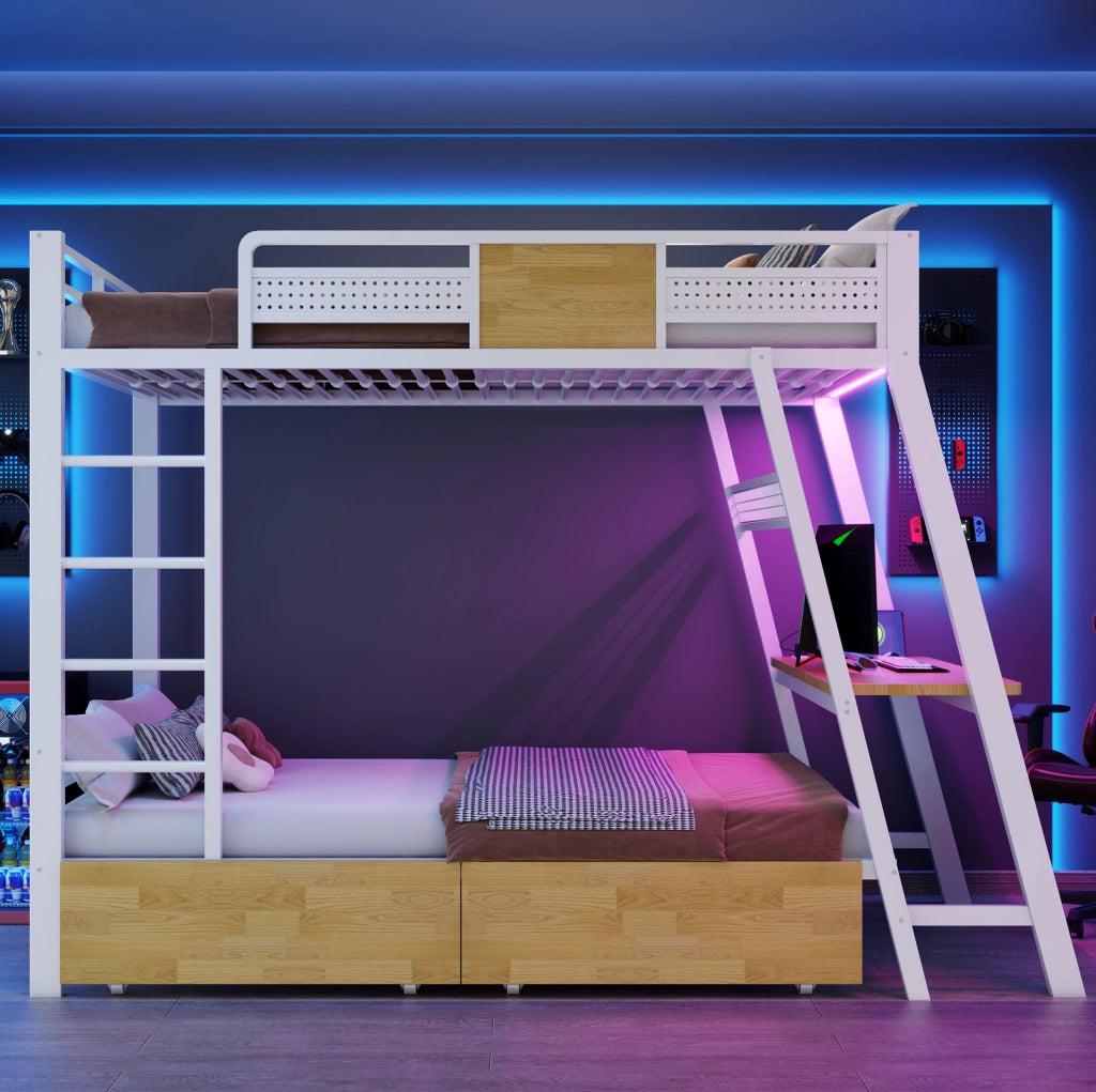 Letto a castello in metallo 90x200 cm con scrivania, LED e prese
