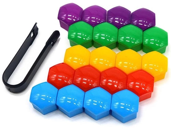 Copricerchioni in plastica 19 mm - 20 pezzi - Inclusa chiave di levatura - Diversi colori - Design antiscivolo - Copricerchio