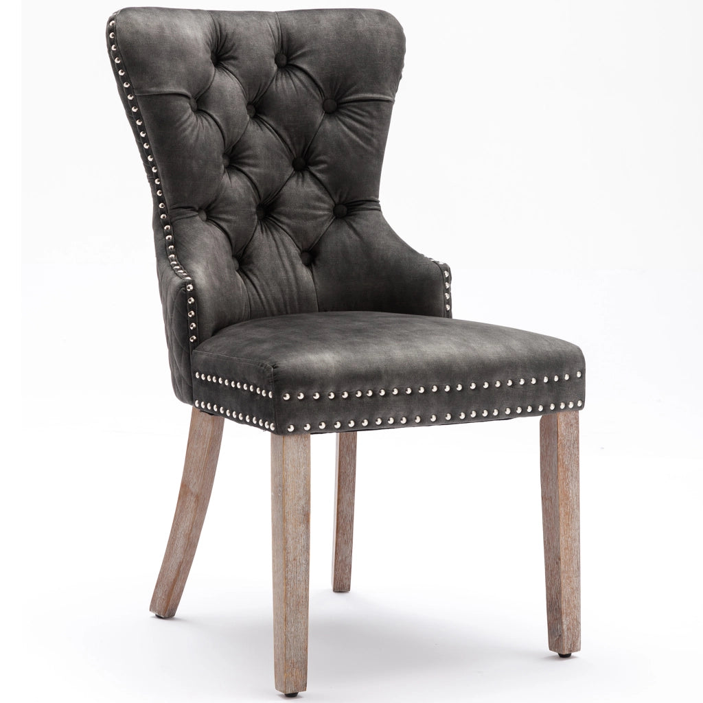 Sedia da Pranzo Set da 2 con Gambe Regolabili, Anello sul Retro e Borchie Decorative in Velluto Grigio