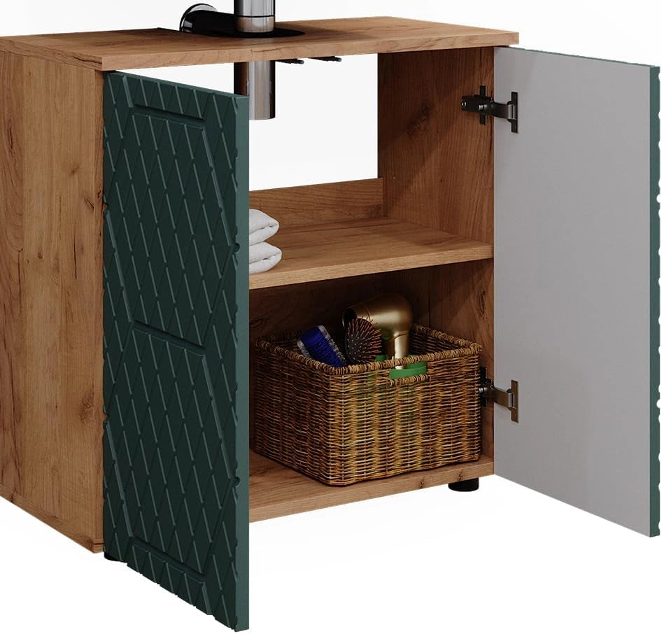 Set mobili bagno Irma, Quercia verde/oro, 2 parti, base 60 cm, composto da specchio da bagno e mobile sottolavabo