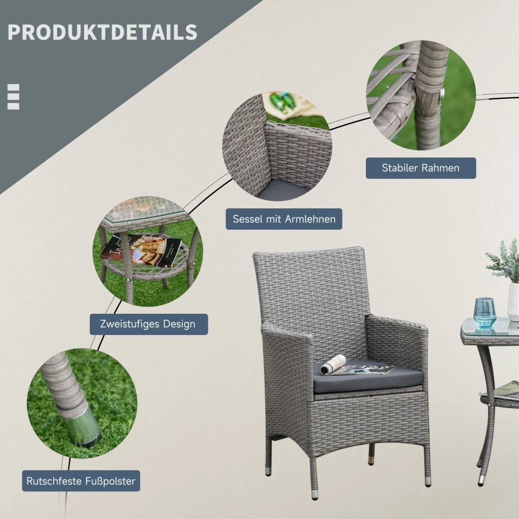 Set Bistrot da Balcone in Rattan ¨C MINIMAL ¨C 3 Pezzi, Tavolino, 60x58.5x89.5 cm