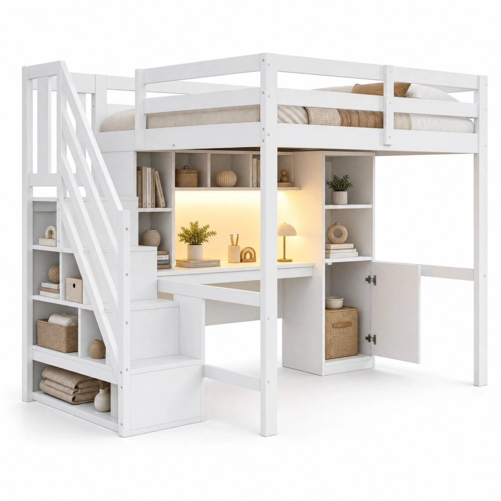Letto a soppalco 140x200 cm con scrivania; scala contenitore; scaffali; LED e prese EU; bianco