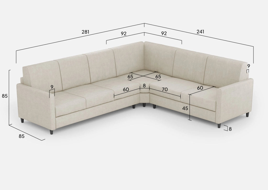 Divano Angolare 6 Posti 281x241x85 cm Karay in Tessuto Latte