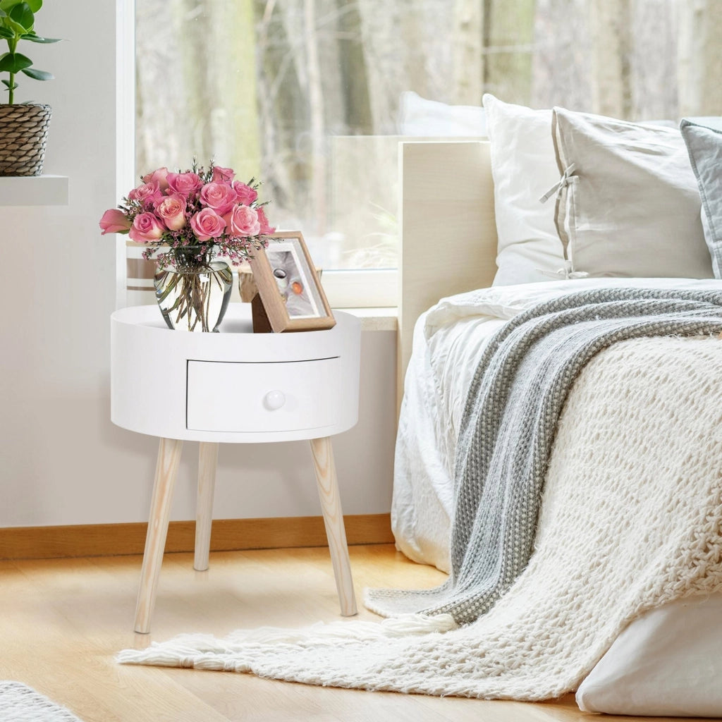 Tavolino da Caff¨¨ Rotondo Moderno in Legno con Cassetto ¨C zephmum ¨C Bianco