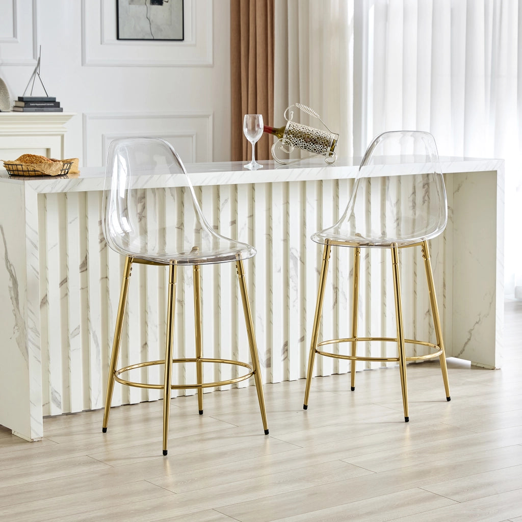Sgabello da bar trasparente 2 pezzi con schienale ergonomico e seduta 66 cm, gambe in metallo oro, plastica trasparente