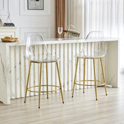 Sgabello da bar trasparente 2 pezzi con schienale ergonomico e seduta 66 cm, gambe in metallo oro, plastica trasparente