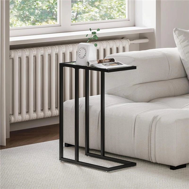 TAVOLINO DA CAFFÈ IN VETRO E ACCIAIO A FORMA DI C 46X25X63.5 CM NERO