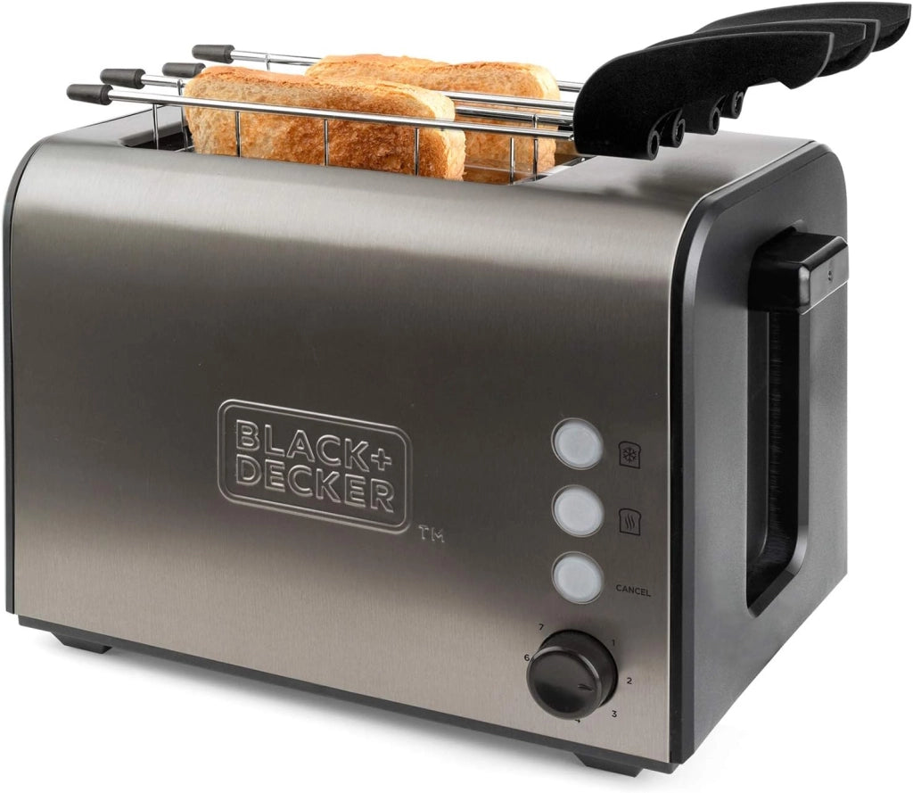 Black+decker bxtoa900e - tostapane in acciaio inox 900w, 2 slot extra large 42x137mm. 7 livelli di tostatura. sistema di pinze estraibili. autocentraggio. 3 funzioni
