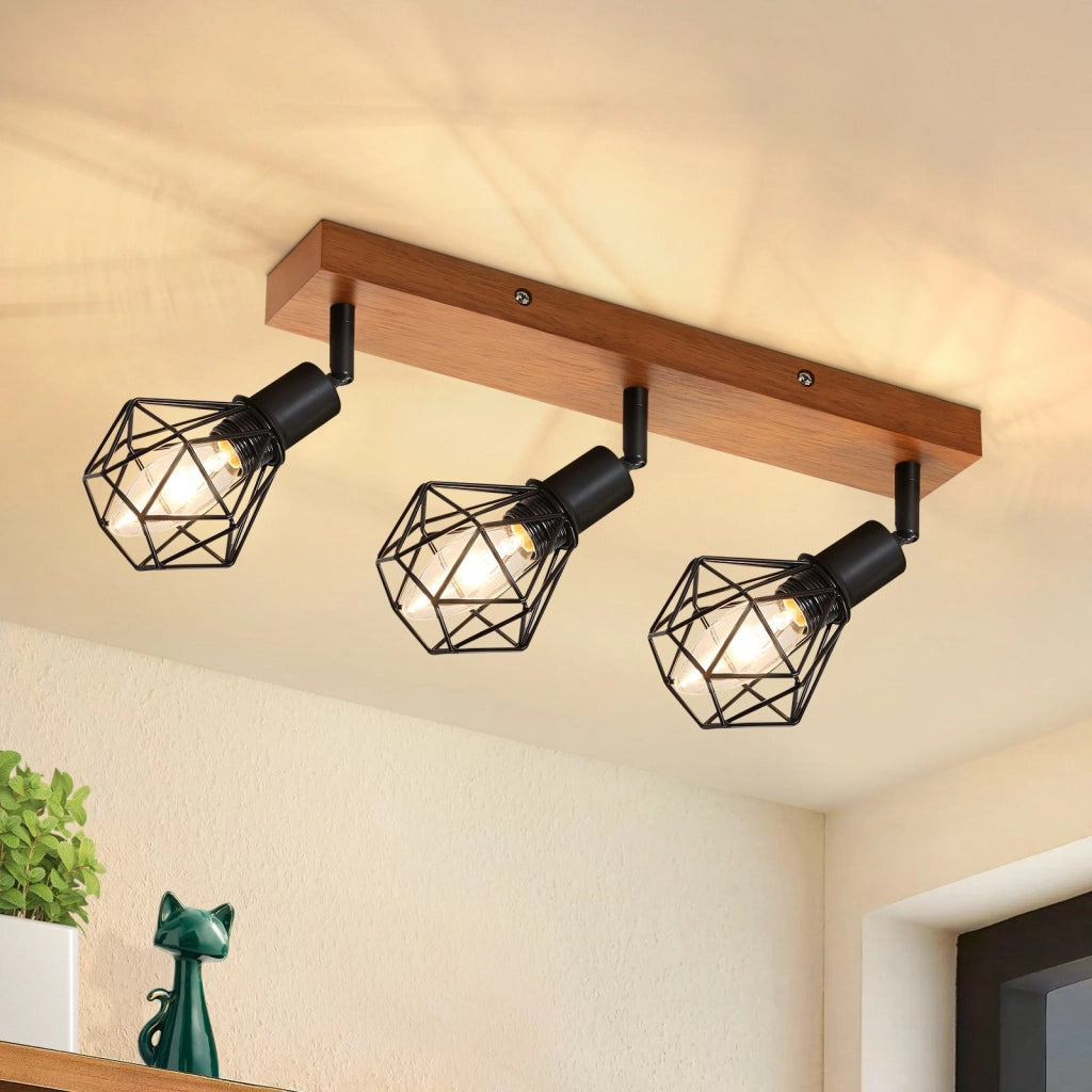 ZMH Faretto da soffitto legno nero 3 luci metallo rotanti 350° stile retrò max 25W per sale pranzo senza lampadina