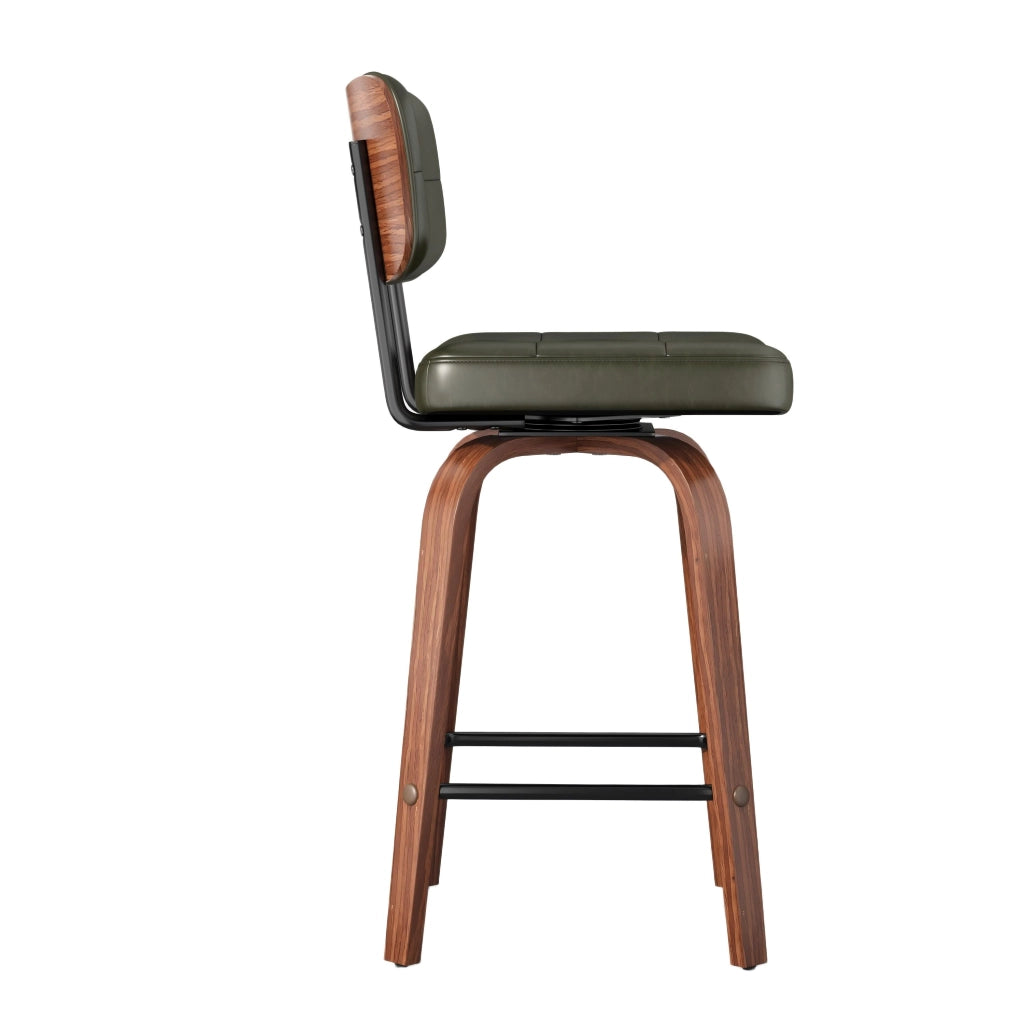 Sgabello da bar girevole con schienale ergonomico e rivestimento in PU, struttura in metallo e legno verde
