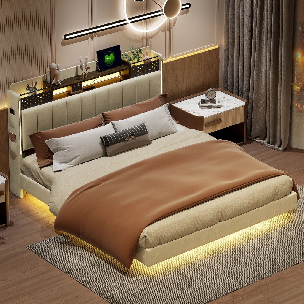 DESMIU Letto Matrimoniale con USB, LED, Vano Contenitore e Tasche 160 × 200 cm, senza materasso, Beige