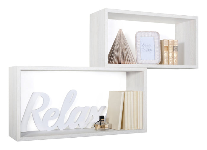 Set 2 Mensole Cubo da Parete Rettangolare in Fibra di Legno Bislungo Rovere Sbiancato