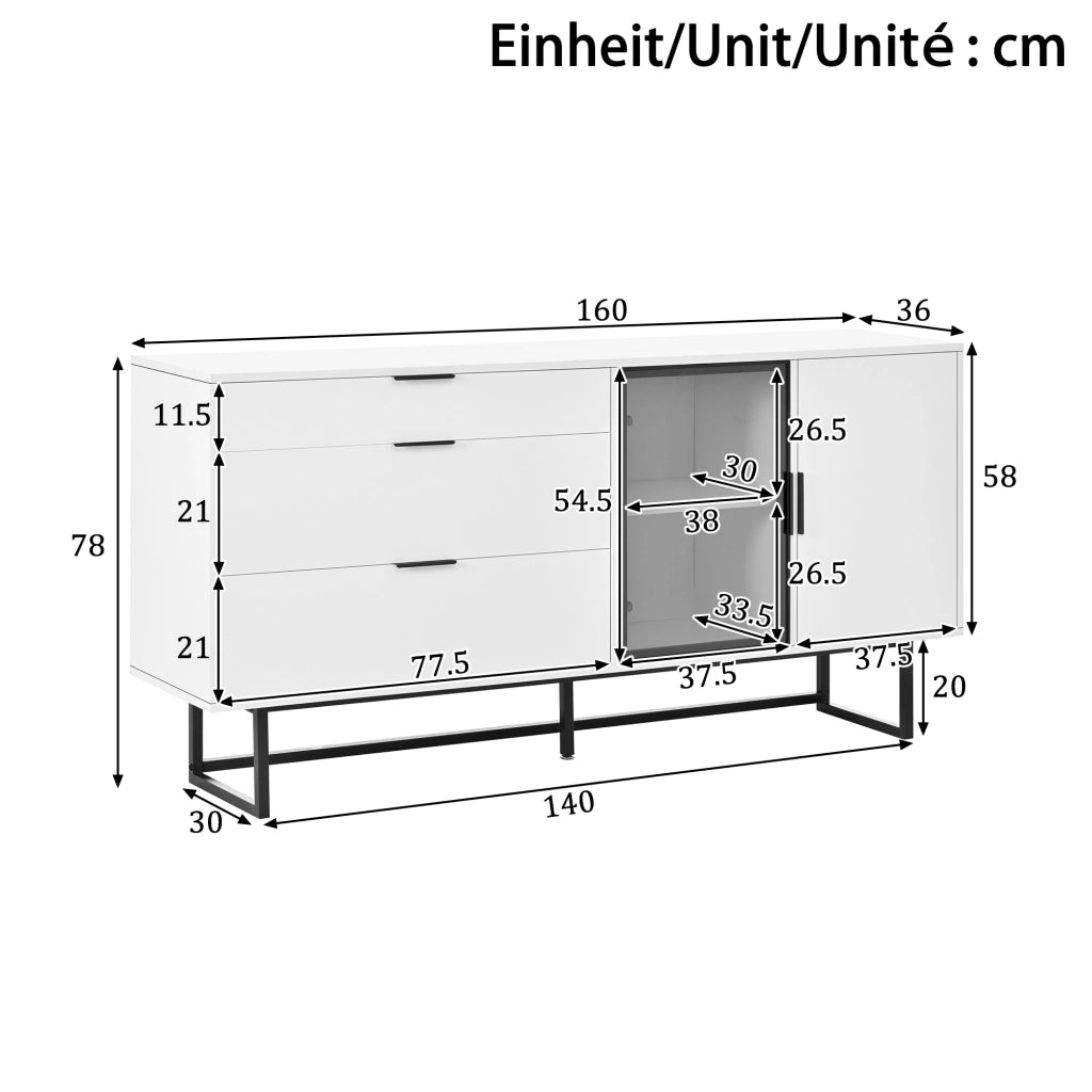 Credenza con 3 cassetti e vetrina LED - per soggiorno - 160x36x78 cm - bianco