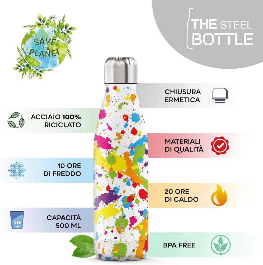 The Steel Bottle Bottiglia termica in Acciaio Inox Capacità 500 ml Chiusura Ermetica - Color Splash