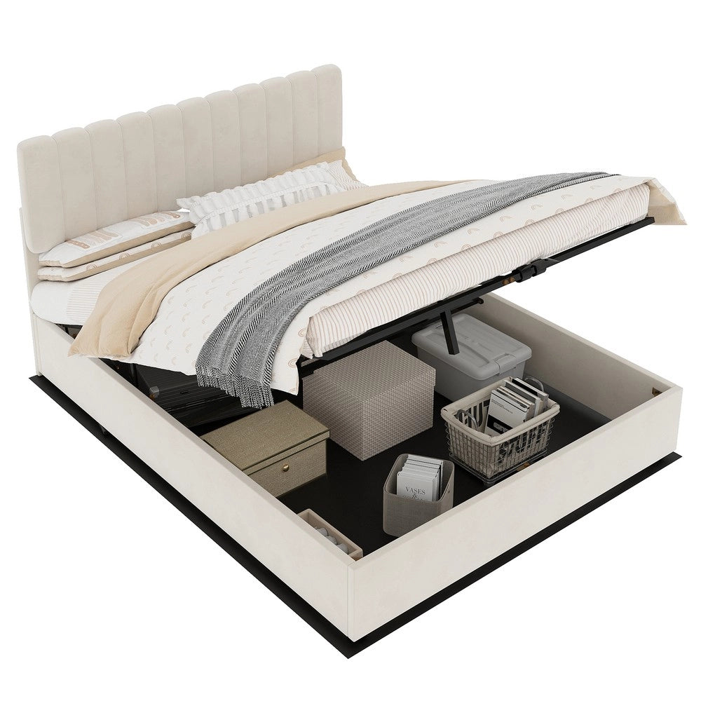 Letto Contenitore Imbottito 140x200 ¨C Xylo ¨C Beige, Testiera, Meccanismo Idraulico
