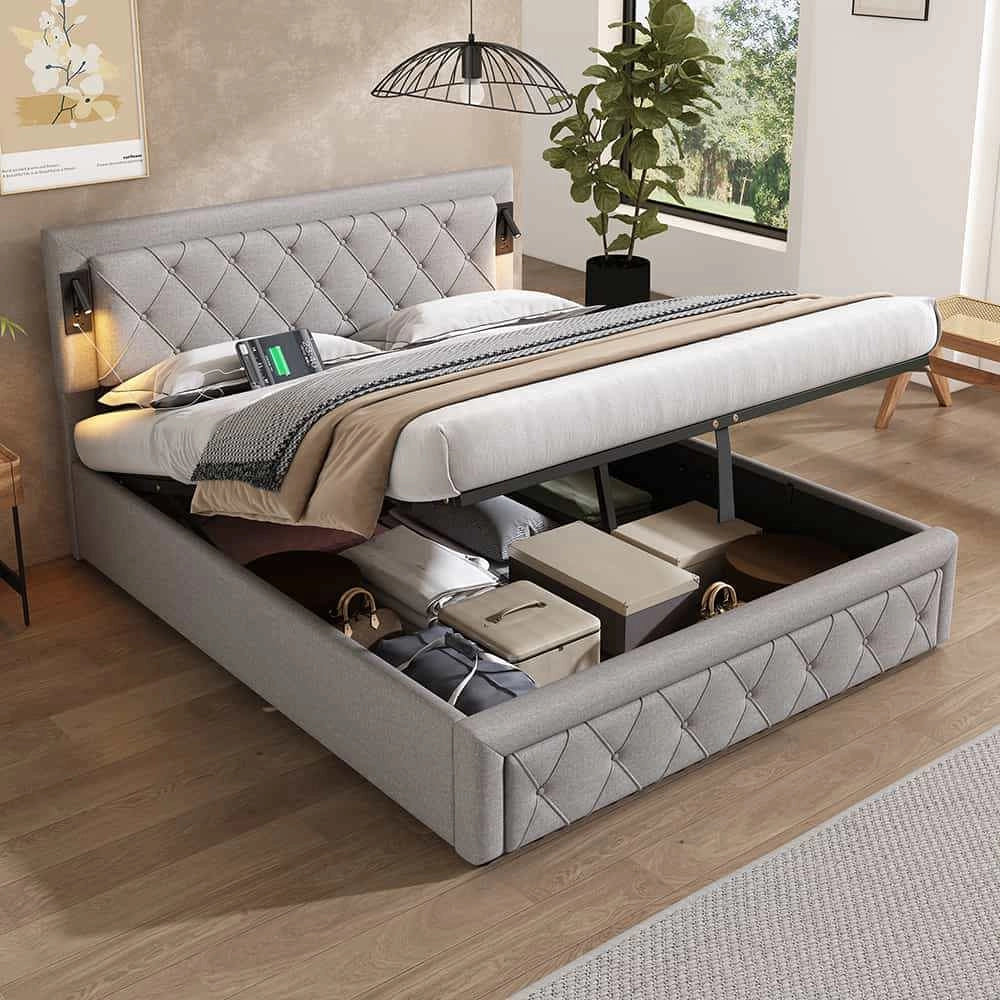 Letto imbottito 160x200 - Xylo - Grigio lino con downlight USB e spazio di archiviazione