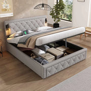 Letto imbottito 160x200 - Xylo - Grigio lino con downlight USB e spazio di archiviazione