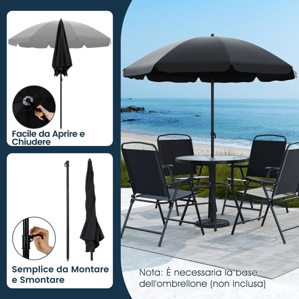 Tavolo e sedie da esterno con 4 poltrone pieghevoli e tavolo rotondo in vetro temperato-Set da pranzo da giardino a 6 pezzi con ombrellone Nero