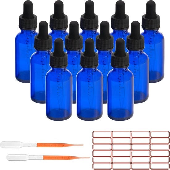 12 Flaconi in Vetro Blu con Boccetta 2oz - Flaconi da Viaggio Impreregolabili in Vetro - Flaconi di Tintura con Boccette per Occhi