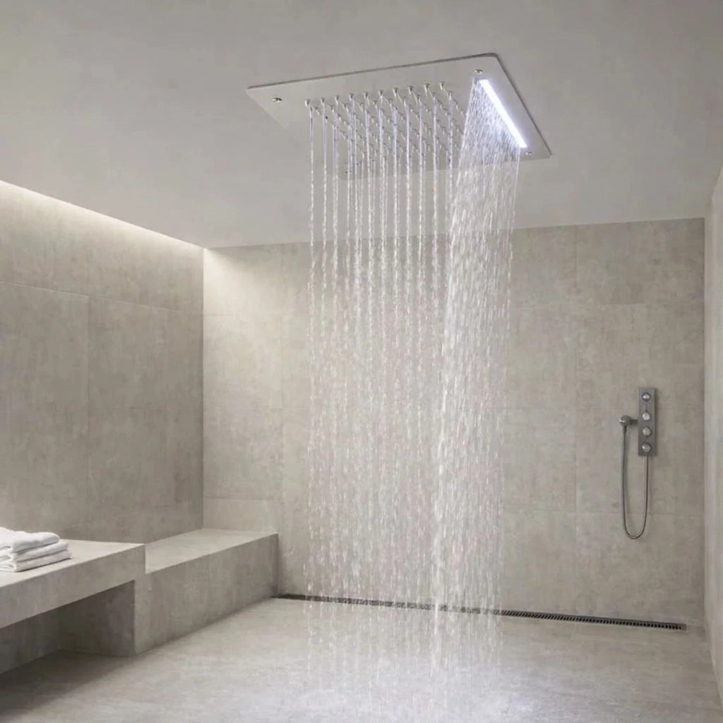 Soffione doccia led a soffitto installazione da incasso con cascata acciaio inox quadro