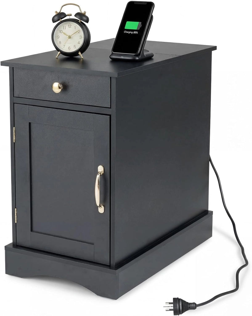Tavolino da Salotto con Stazione di Ricarica, Cassetto, Armadietto e Ripiano Regolabile, Tavolino in Legno per Soggiorno, Camera da Letto e Spazi Piccoli (Grigio)