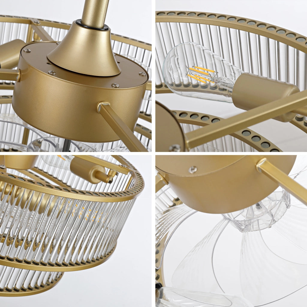 Ventilatore da soffitto con illuminazione e 6 velocità in ABS oro e vetro