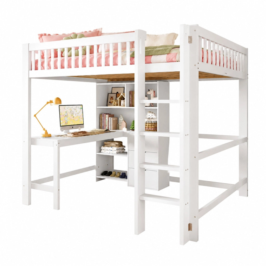 Letto a soppalco bianco 140x200 cm con scrivania e 3 cassetti