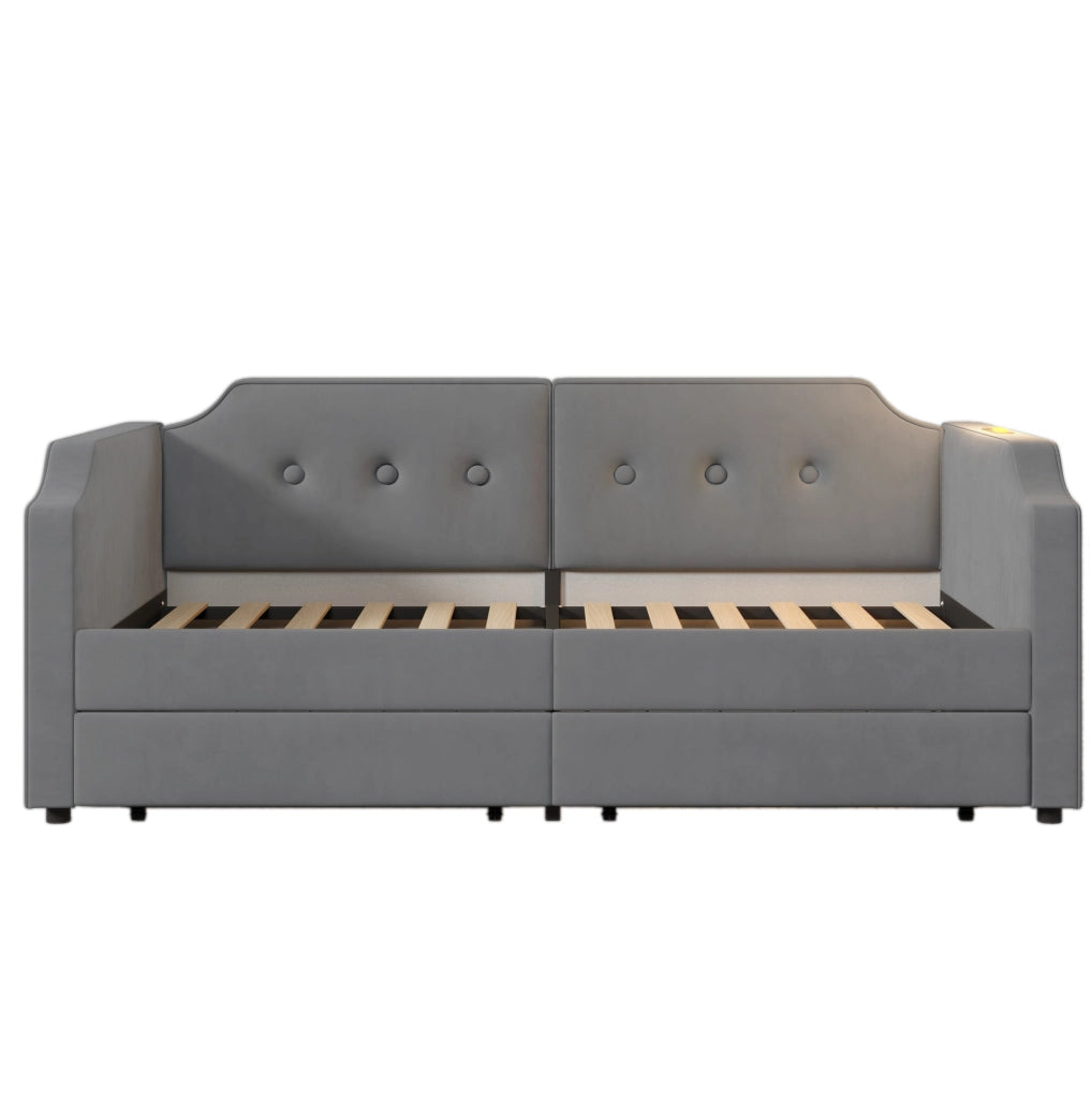 Letto 90x200 cm con 2 cassetti, USB e USB-C, luce da lettura in velluto grigio