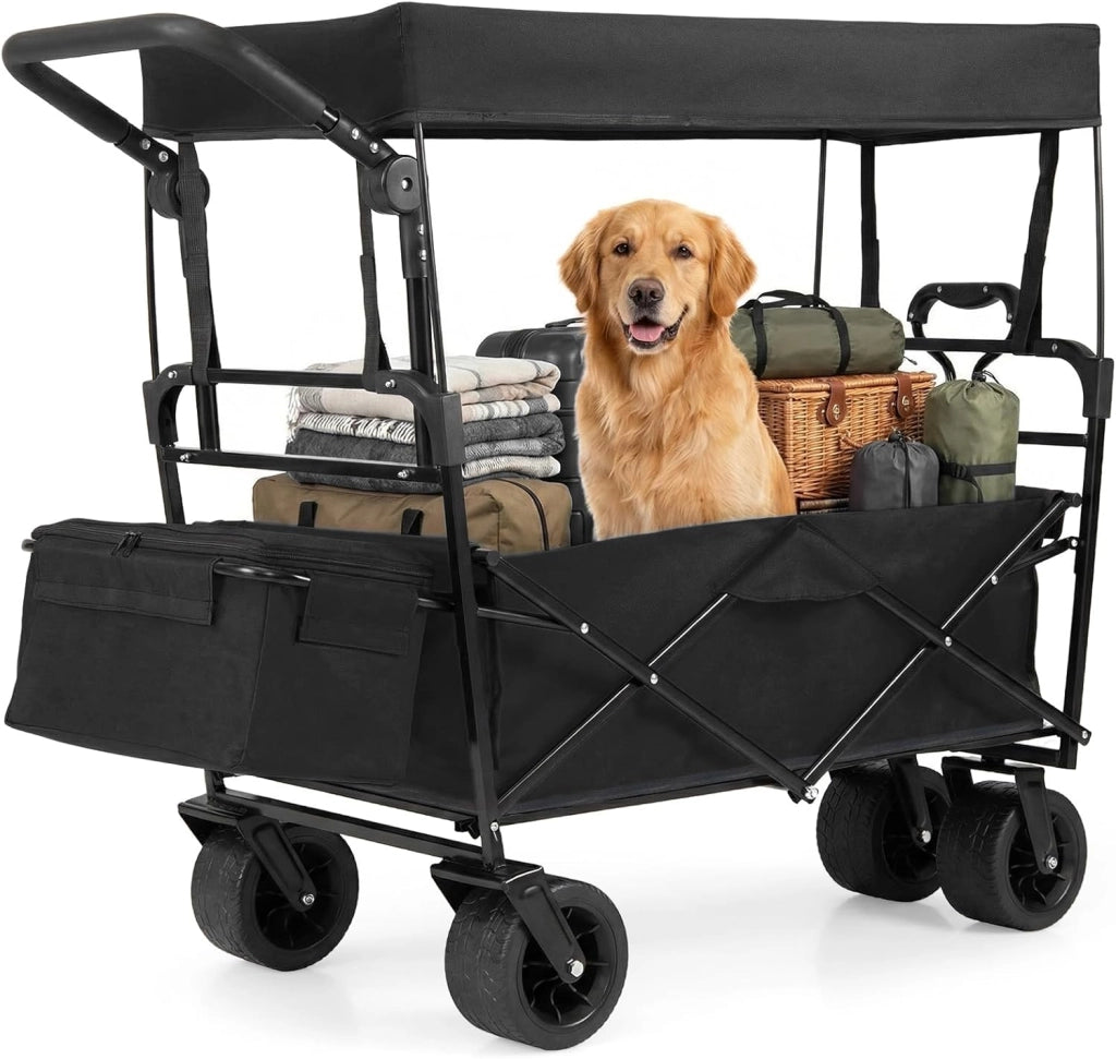 Carrello Pieghevole con Tetto, Carrello Trasportabile con Maniglia Regolabile, Borsa Portaoggetti e Ruote Grandi, Carrello da Giardino Capacità 100L, per Campeggio e Animali Domestici (Blu)
