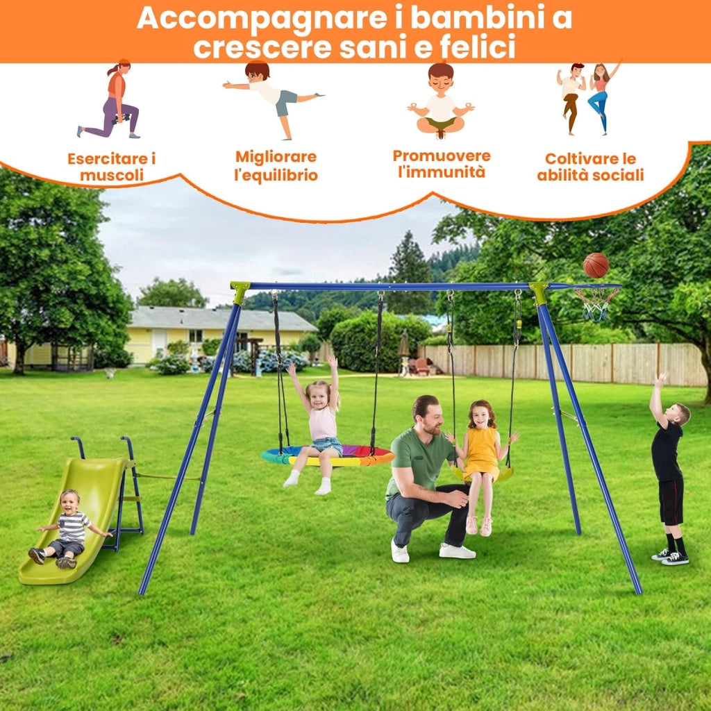 4 in 1 Set di Altalena da Giardino per Bambini con Scivolo, Canestro Basket, Altalena a Nido, Altalena con Sedile, Corde Regolabili e Struttura in Metallo, per Interno ed Esterno