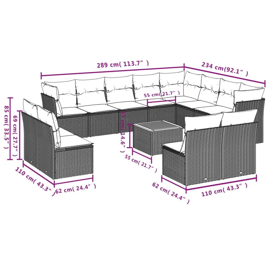 Set Divani da Giardino 13pz con Cuscini Nero in Polyrattan 3223927